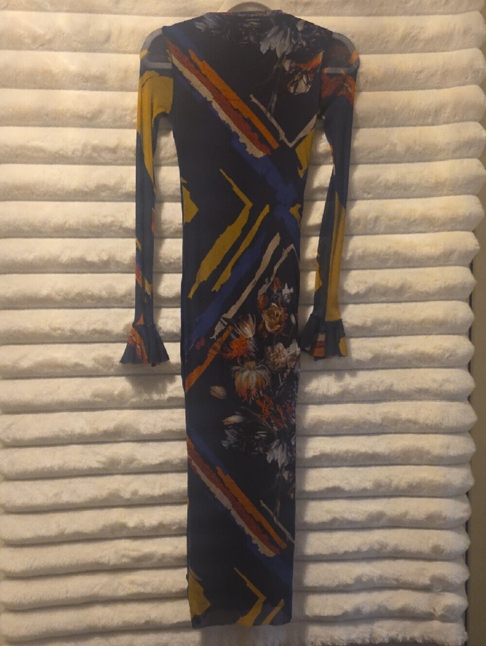 Navy Blue Floral Midi Bodycon Dress with Long Sleeves Size XS - Picture 3 of 8